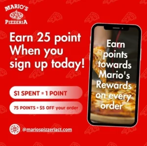 Pizzeria rewards program advertisement with smartphone display.