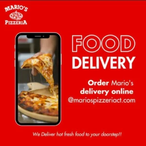 Pizza delivery advertisement with smartphone and text.